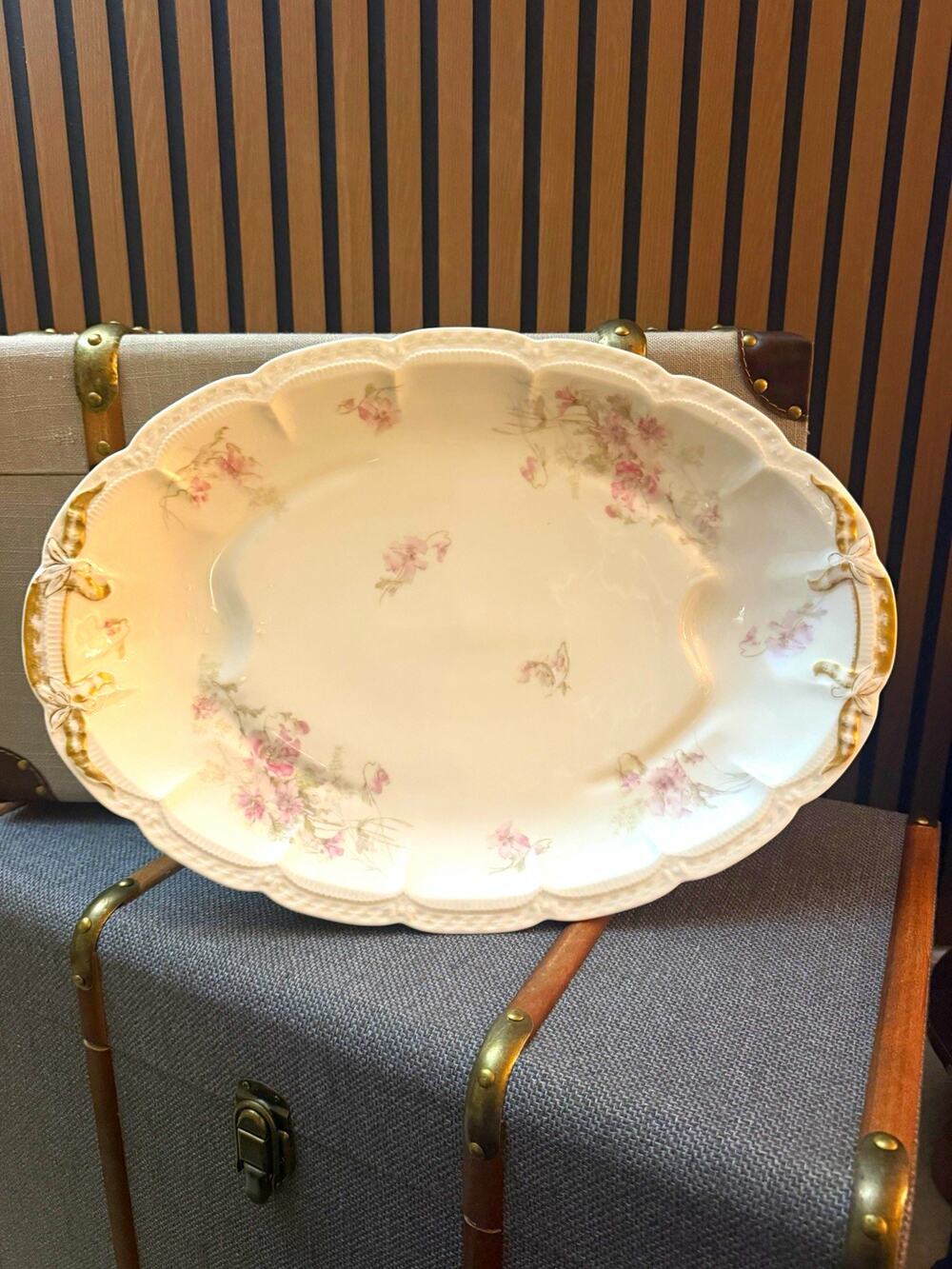Antique Haviland Limoges Platter Pink Roses Gold Handles D.F. Richardson Detroit
